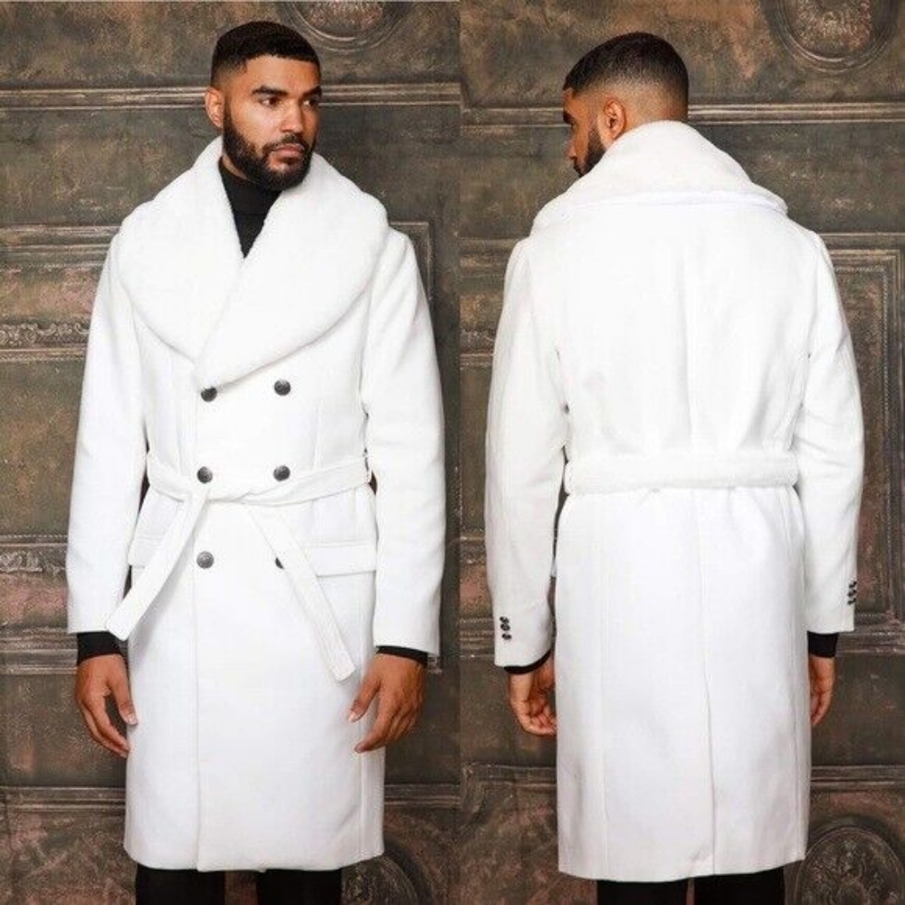 Men's Manzini Off White Solid Faux Fur Double Breasted Coat NWT